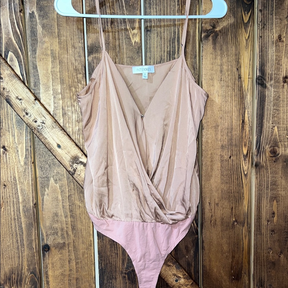 INTERMIX Blush Pink Satin Surplice Bodysuit